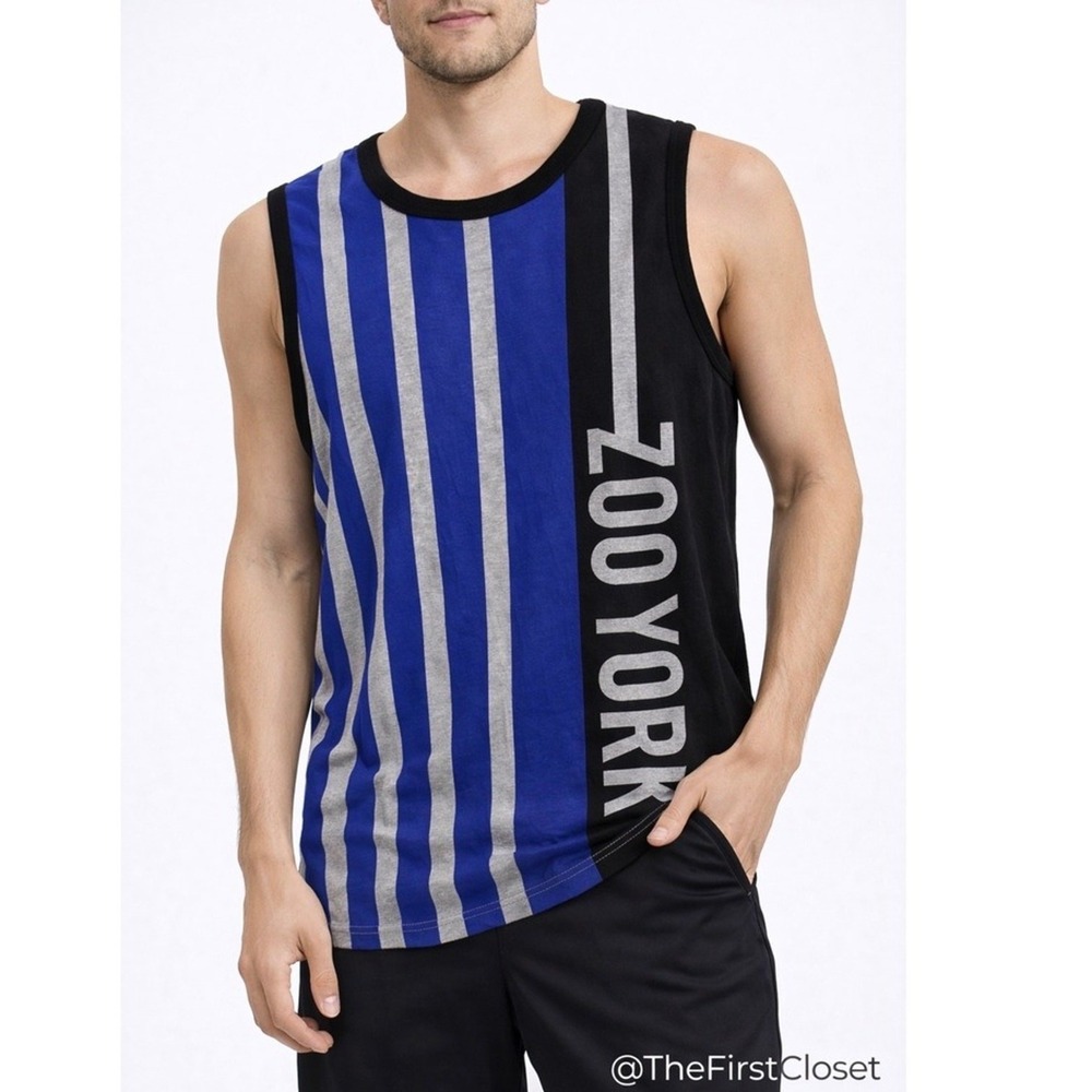 Zoo York Shirt Mens Small Sleeveless Tank Top Black Blue Stripe Graphic Print